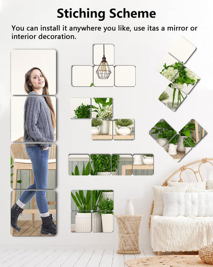 Shatterproof Acrylic Mirror Tiles – 4-Pack Wall Stickers for Kids, Home Gym, Bedroom & Bathroom, Easy Peel-and-Stick Decorative Mirrors with Double-Sided Tape (Silver,16" x 16")