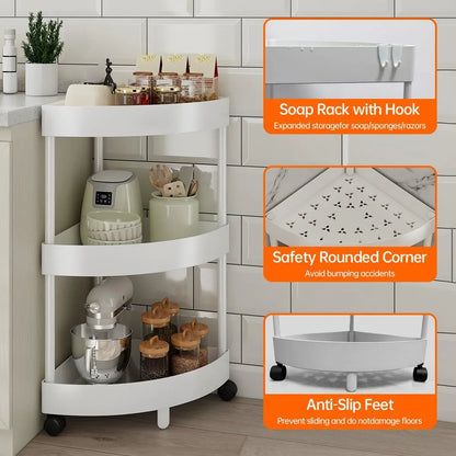 White Corner Storage Shelf – 3-Tier Rolling Organizer for Bathroom, Kitchen & Bedroom | Space-Saving Aluminum Rack with Wheels | Black Available In-Store - Mekamart Australia