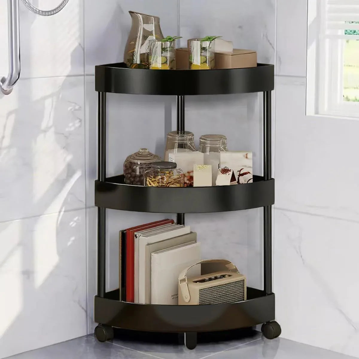 Black Corner Storage Shelf – 3-Tier Rolling Organizer for Bathroom, Kitchen & Bedroom | Space-Saving Aluminum Rack with Wheels | White Available In-Store - Mekamart Australia