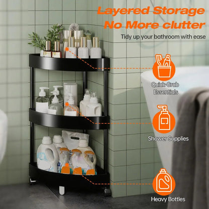Black Corner Storage Shelf – 3-Tier Rolling Organizer for Bathroom, Kitchen & Bedroom | Space-Saving Aluminum Rack with Wheels | White Available In-Store - Mekamart Australia