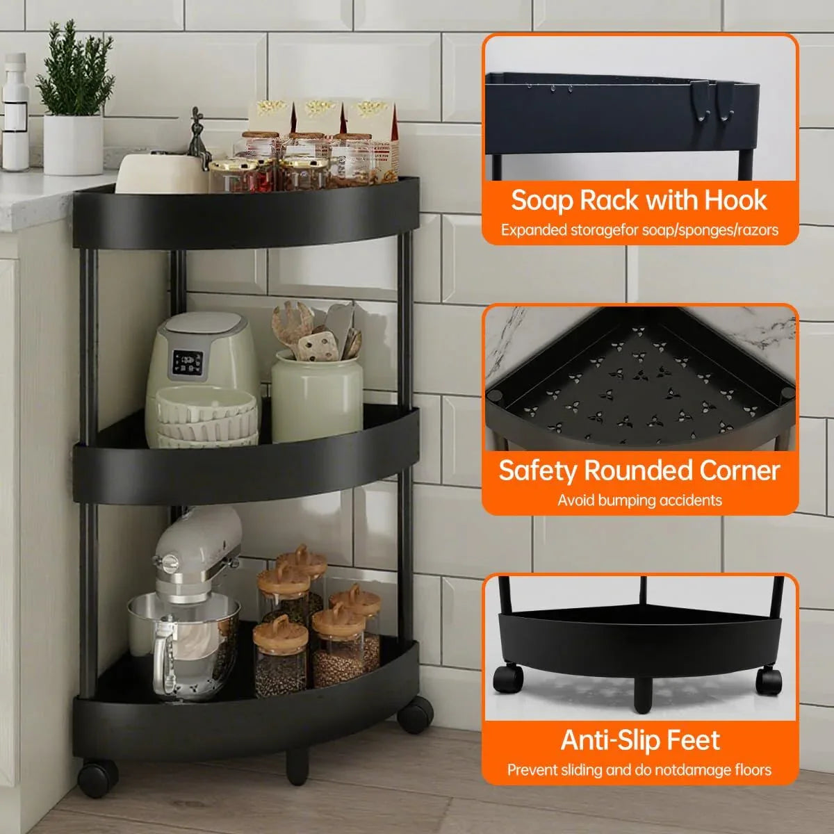 Black Corner Storage Shelf – 3-Tier Rolling Organizer for Bathroom, Kitchen & Bedroom | Space-Saving Aluminum Rack with Wheels | White Available In-Store - Mekamart Australia