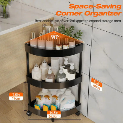 Black Corner Storage Shelf – 3-Tier Rolling Organizer for Bathroom, Kitchen & Bedroom | Space-Saving Aluminum Rack with Wheels | White Available In-Store - Mekamart Australia