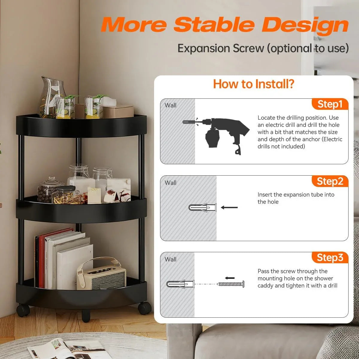 Black Corner Storage Shelf – 3-Tier Rolling Organizer for Bathroom, Kitchen & Bedroom | Space-Saving Aluminum Rack with Wheels | White Available In-Store - Mekamart Australia