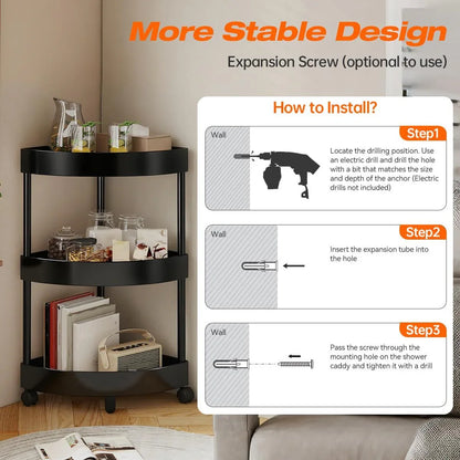 Black Corner Storage Shelf – 3-Tier Rolling Organizer for Bathroom, Kitchen & Bedroom | Space-Saving Aluminum Rack with Wheels | White Available In-Store - Mekamart Australia