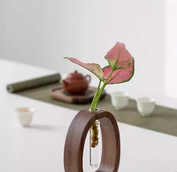 Wooden Glass Hydroponic Vase – Minimalist Desktop Flower Vase for Water Plants & Blooms (15cm) | Other Sizes Available in Store - Mekamart Australia