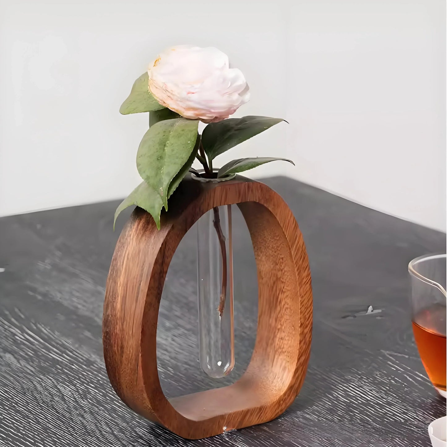 Wooden Glass Hydroponic Vase – Minimalist Desktop Flower Vase for Water Plants & Blooms (15cm) | Other Sizes Available in Store - Mekamart Australia