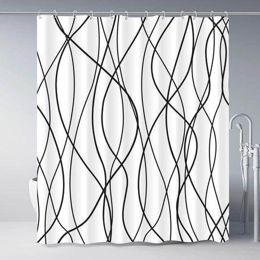 Modern Abstract Wavy Line Shower Curtain Set, Waterproof Fabric with Weighted Bottom & 12 Hooks, Hotel Style Bathroom Decor, Gradient Design for Contemporary Bathrooms (White)