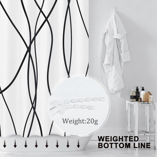 Modern Abstract Wavy Line Shower Curtain Set, Waterproof Fabric with Weighted Bottom & 12 Hooks, Hotel Style Bathroom Decor, Gradient Design for Contemporary Bathrooms (White)