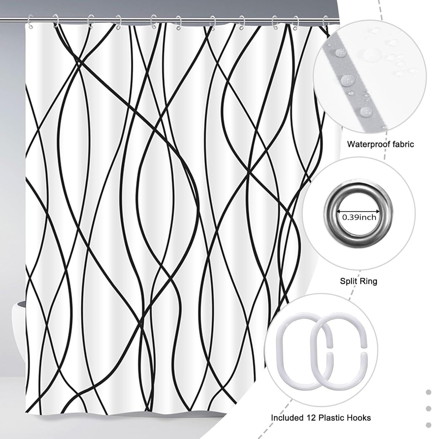 Modern Abstract Wavy Line Shower Curtain Set, Waterproof Fabric with Weighted Bottom & 12 Hooks, Hotel Style Bathroom Decor, Gradient Design for Contemporary Bathrooms (White)