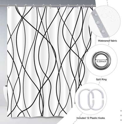 Modern Abstract Wavy Line Shower Curtain Set, Waterproof Fabric with Weighted Bottom & 12 Hooks, Hotel Style Bathroom Decor, Gradient Design for Contemporary Bathrooms (White)