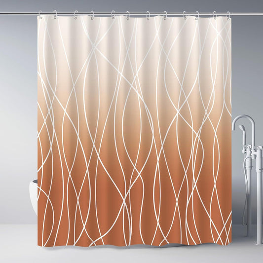 Modern Abstract Wavy Line Shower Curtain Set, Waterproof Fabric with Weighted Bottom & 12 Hooks, Hotel Style Bathroom Decor, Gradient Design for Contemporary Bathrooms (Orange)