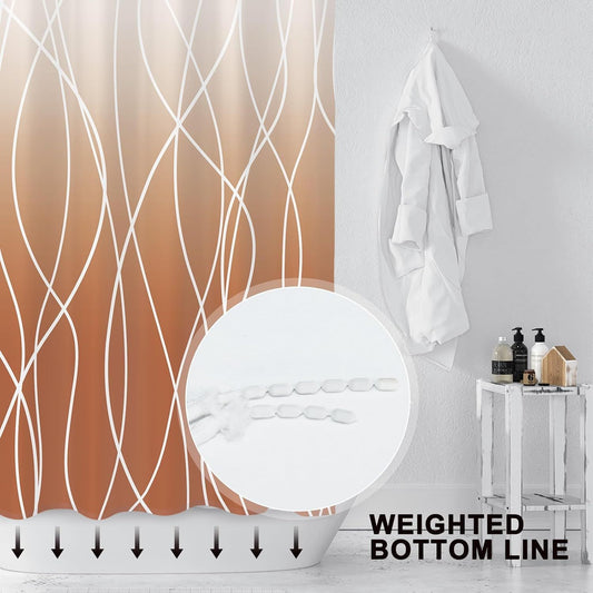 Modern Abstract Wavy Line Shower Curtain Set, Waterproof Fabric with Weighted Bottom & 12 Hooks, Hotel Style Bathroom Decor, Gradient Design for Contemporary Bathrooms (Orange)