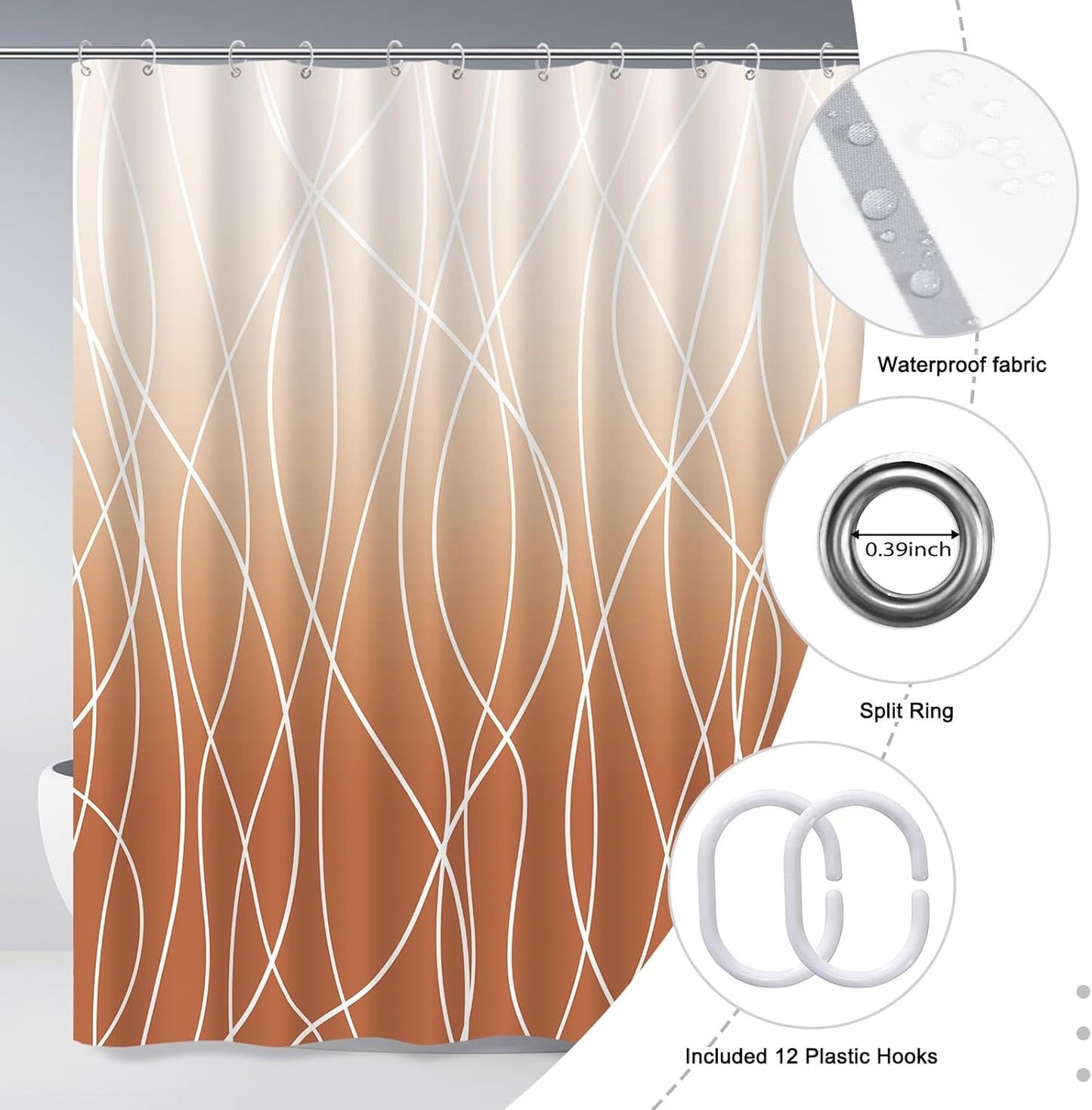 Modern Abstract Wavy Line Shower Curtain Set, Waterproof Fabric with Weighted Bottom & 12 Hooks, Hotel Style Bathroom Decor, Gradient Design for Contemporary Bathrooms (Orange)
