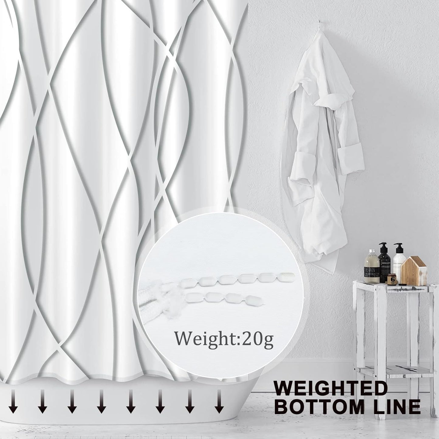 Modern Abstract Wavy Line Shower Curtain Set, Waterproof Fabric with Weighted Bottom & 12 Hooks, Hotel Style Bathroom Decor, Gradient Design for Contemporary Bathrooms (Grey)