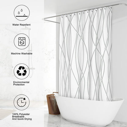 Modern Abstract Wavy Line Shower Curtain Set, Waterproof Fabric with Weighted Bottom & 12 Hooks, Hotel Style Bathroom Decor, Gradient Design for Contemporary Bathrooms (Grey)