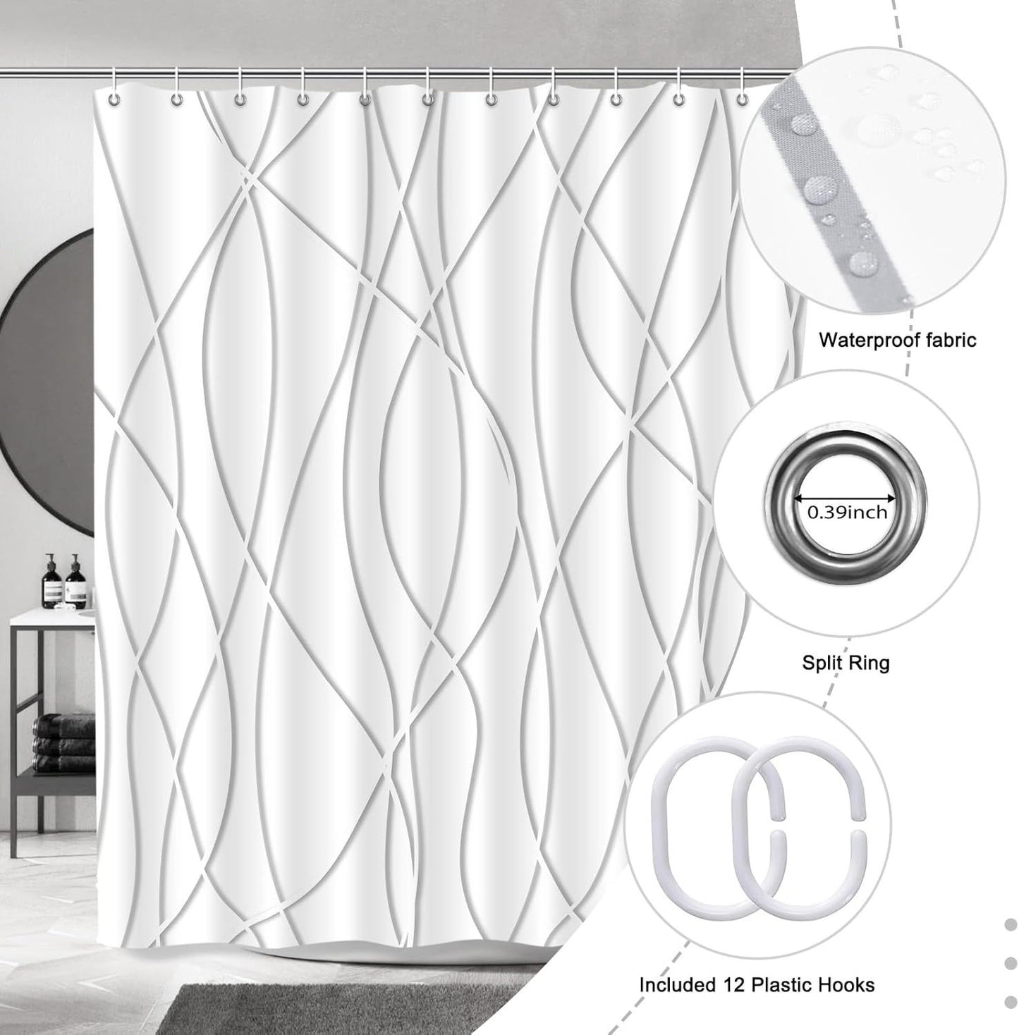 Modern Abstract Wavy Line Shower Curtain Set, Waterproof Fabric with Weighted Bottom & 12 Hooks, Hotel Style Bathroom Decor, Gradient Design for Contemporary Bathrooms (Grey)