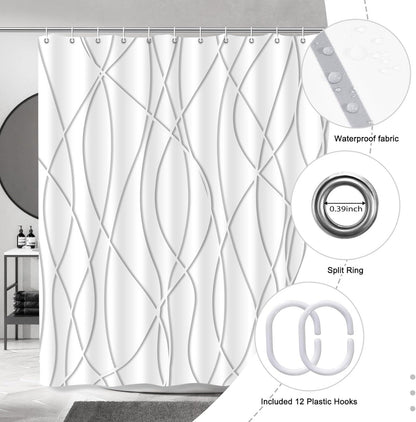 Modern Abstract Wavy Line Shower Curtain Set, Waterproof Fabric with Weighted Bottom & 12 Hooks, Hotel Style Bathroom Decor, Gradient Design for Contemporary Bathrooms (Grey)