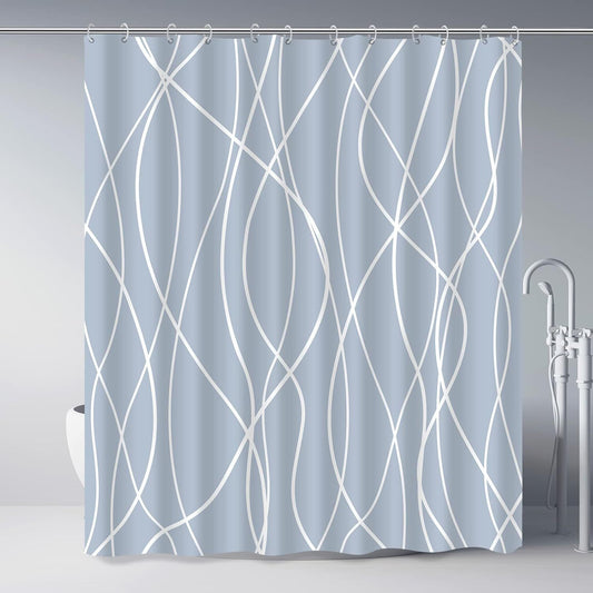Modern Abstract Wavy Line Shower Curtain Set, Waterproof Fabric with Weighted Bottom & 12 Hooks, Hotel Style Bathroom Decor, Gradient Design for Contemporary Bathrooms (Blue)