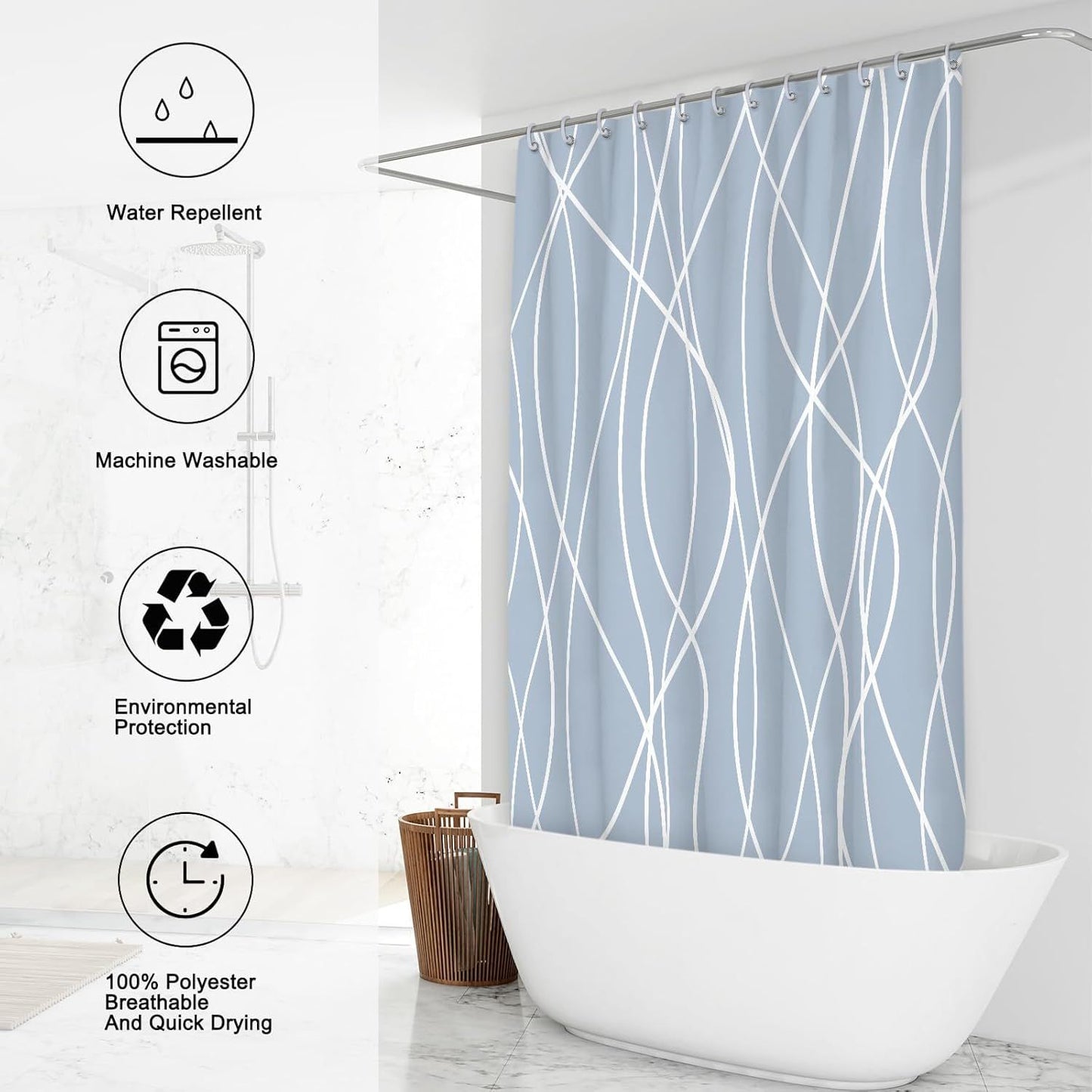 Modern Abstract Wavy Line Shower Curtain Set, Waterproof Fabric with Weighted Bottom & 12 Hooks, Hotel Style Bathroom Decor, Gradient Design for Contemporary Bathrooms (Blue)