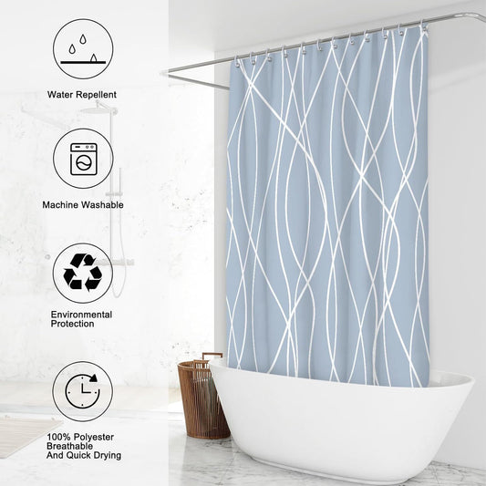 Modern Abstract Wavy Line Shower Curtain Set, Waterproof Fabric with Weighted Bottom & 12 Hooks, Hotel Style Bathroom Decor, Gradient Design for Contemporary Bathrooms (Blue)