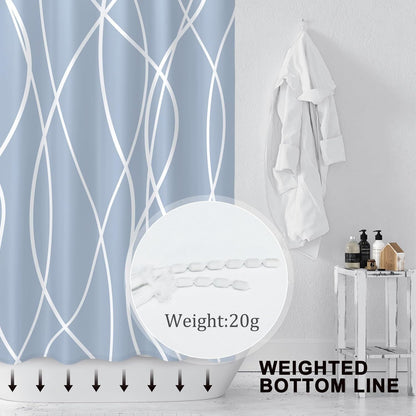 Modern Abstract Wavy Line Shower Curtain Set, Waterproof Fabric with Weighted Bottom & 12 Hooks, Hotel Style Bathroom Decor, Gradient Design for Contemporary Bathrooms (Blue)
