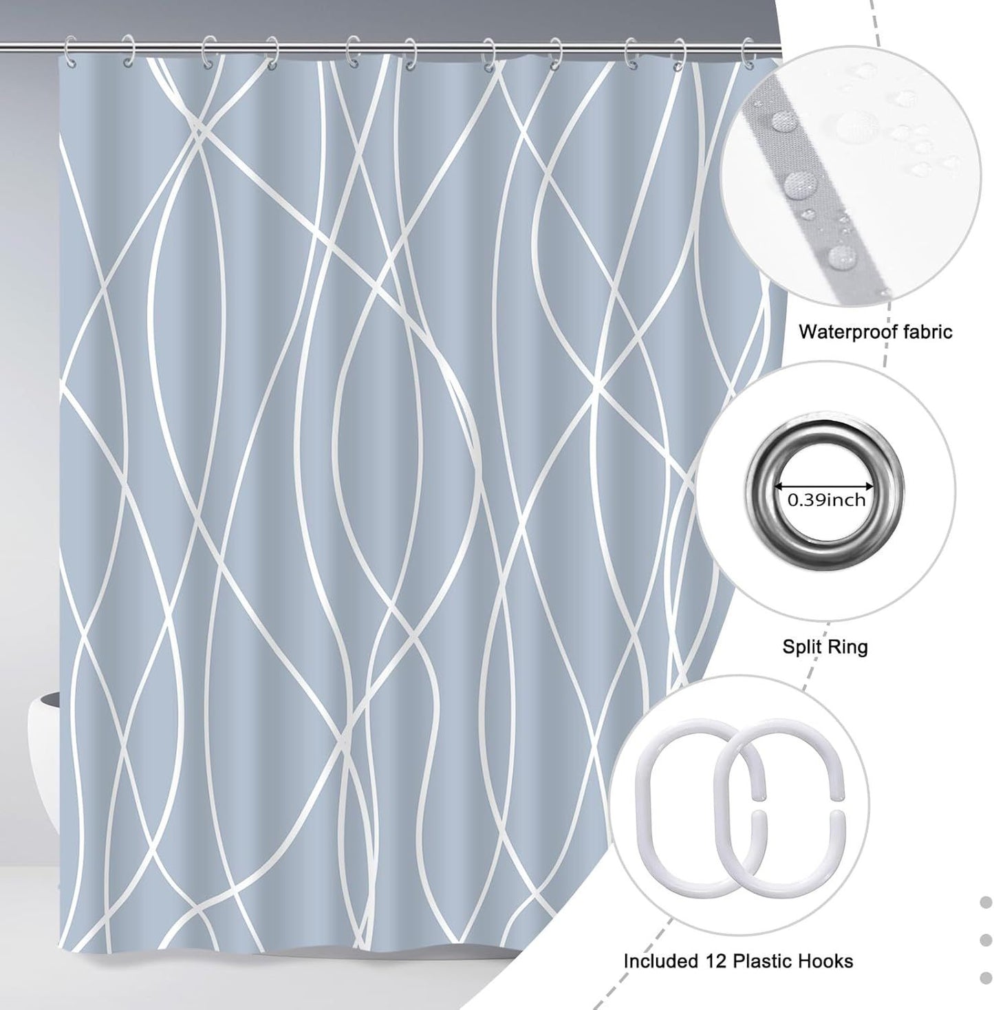 Modern Abstract Wavy Line Shower Curtain Set, Waterproof Fabric with Weighted Bottom & 12 Hooks, Hotel Style Bathroom Decor, Gradient Design for Contemporary Bathrooms (Blue)
