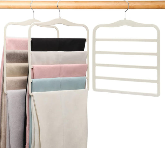 3-Pack Black 5-Tier Velvet Pants Hangers—Swivel Hook, Multi-Use for Pants, Scarves, Towels & Ties—Space-Efficient Closet Organizer for Apartments, Dorms, Small Spaces (White)