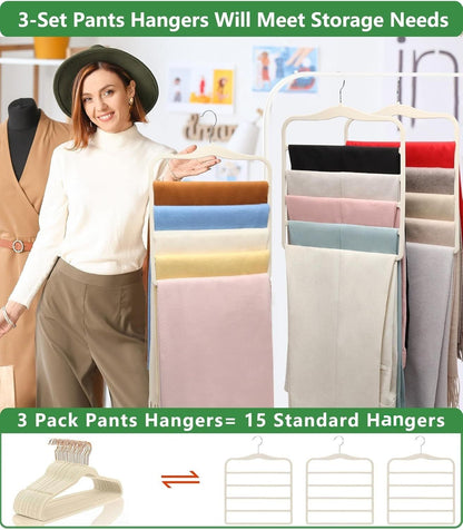 3-Pack Black 5-Tier Velvet Pants Hangers—Swivel Hook, Multi-Use for Pants, Scarves, Towels & Ties—Space-Efficient Closet Organizer for Apartments, Dorms, Small Spaces (White)
