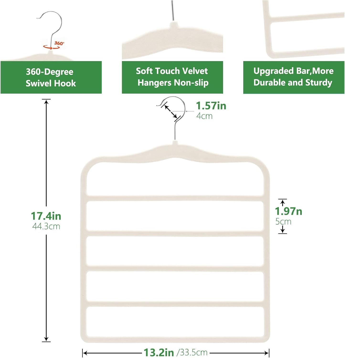3-Pack Black 5-Tier Velvet Pants Hangers—Swivel Hook, Multi-Use for Pants, Scarves, Towels & Ties—Space-Efficient Closet Organizer for Apartments, Dorms, Small Spaces (White)