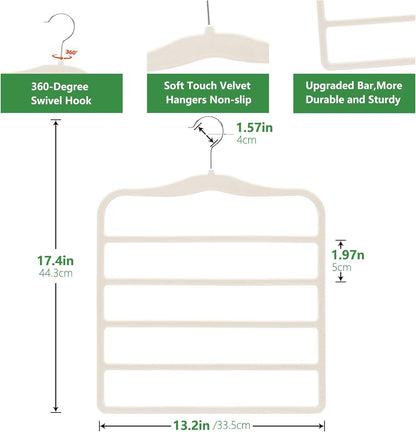 3-Pack Black 5-Tier Velvet Pants Hangers—Swivel Hook, Multi-Use for Pants, Scarves, Towels & Ties—Space-Efficient Closet Organizer for Apartments, Dorms, Small Spaces (White)