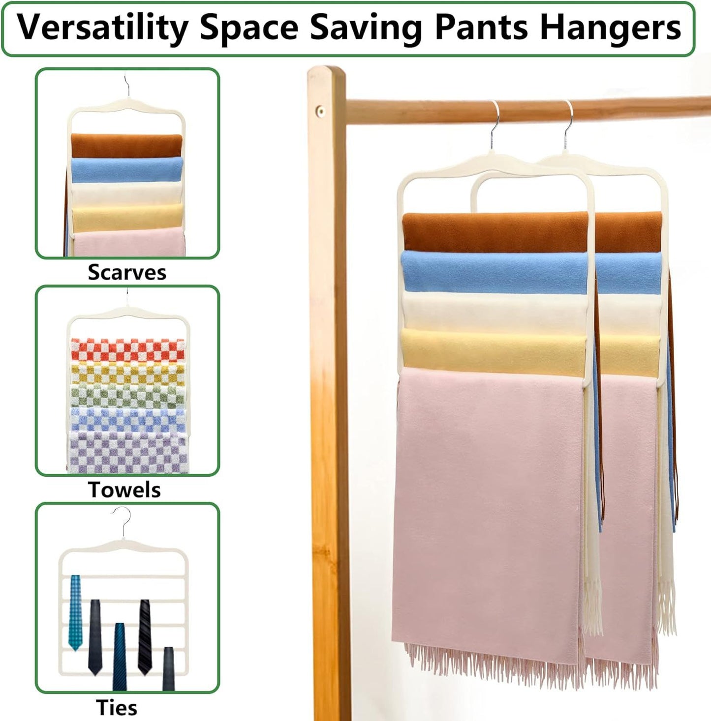 3-Pack Black 5-Tier Velvet Pants Hangers—Swivel Hook, Multi-Use for Pants, Scarves, Towels & Ties—Space-Efficient Closet Organizer for Apartments, Dorms, Small Spaces (White)