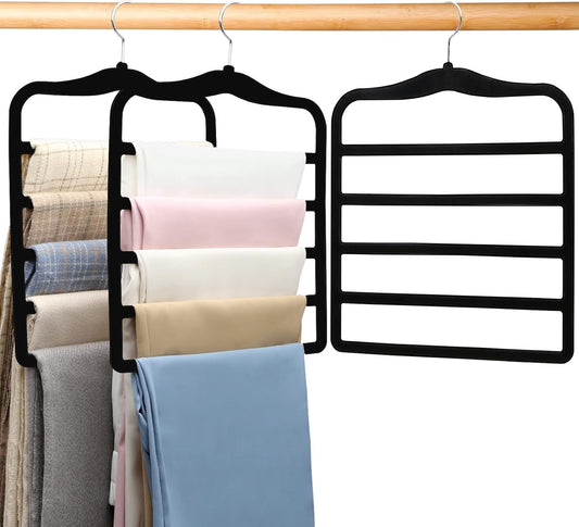 3-Pack Black 5-Tier Velvet Pants Hangers—Swivel Hook, Multi-Use for Pants, Scarves, Towels & Ties—Space-Efficient Closet Organizer for Apartments, Dorms, Small Spaces (Black)