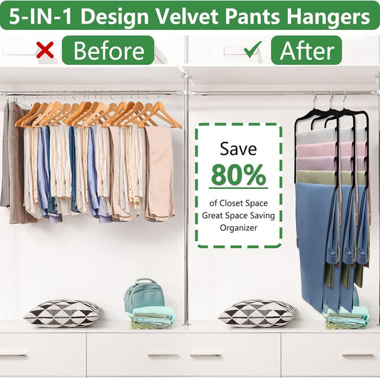 3-Pack Black 5-Tier Velvet Pants Hangers—Swivel Hook, Multi-Use for Pants, Scarves, Towels & Ties—Space-Efficient Closet Organizer for Apartments, Dorms, Small Spaces (Black)