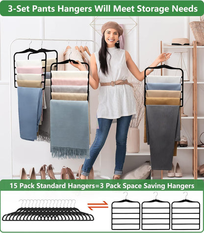 3-Pack Black 5-Tier Velvet Pants Hangers—Swivel Hook, Multi-Use for Pants, Scarves, Towels & Ties—Space-Efficient Closet Organizer for Apartments, Dorms, Small Spaces (Black)