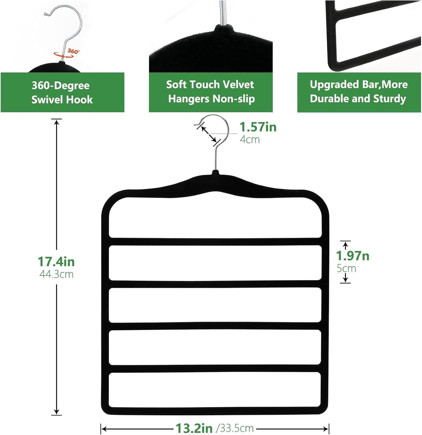 3-Pack Black 5-Tier Velvet Pants Hangers—Swivel Hook, Multi-Use for Pants, Scarves, Towels & Ties—Space-Efficient Closet Organizer for Apartments, Dorms, Small Spaces (Black)