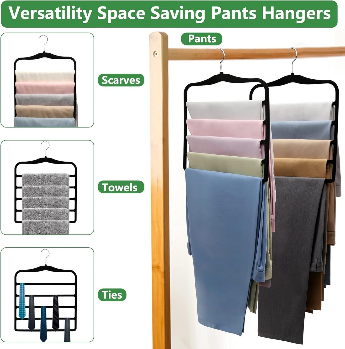 3-Pack Black 5-Tier Velvet Pants Hangers—Swivel Hook, Multi-Use for Pants, Scarves, Towels & Ties—Space-Efficient Closet Organizer for Apartments, Dorms, Small Spaces (Black)