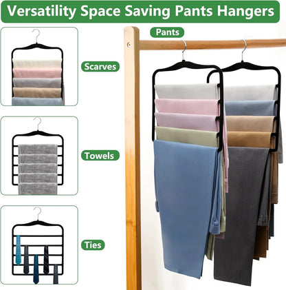 3-Pack Black 5-Tier Velvet Pants Hangers—Swivel Hook, Multi-Use for Pants, Scarves, Towels & Ties—Space-Efficient Closet Organizer for Apartments, Dorms, Small Spaces (Black)