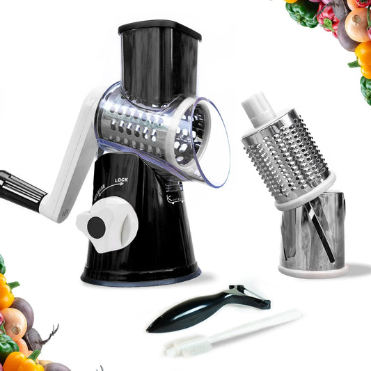 Manual Rotary Food Slicer & Grater with 3 Stainless Steel Drums – Suction Base Vegetable Shredder for Cheese, Potatoes & More (Black) - Mekamart Australia