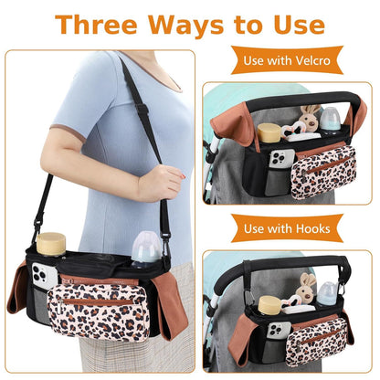 Universal Stroller Organizer with Insulated Cup Holders, Detachable Wristlet & Adjustable Shoulder Strap for Diapers, Bottles & Essentials (Leopard print)