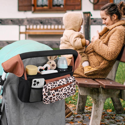 Universal Stroller Organizer with Insulated Cup Holders, Detachable Wristlet & Adjustable Shoulder Strap for Diapers, Bottles & Essentials (Leopard print)