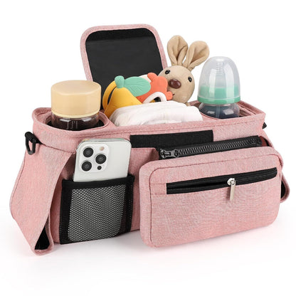 Universal Stroller Organizer with Insulated Cup Holders, Detachable Wristlet & Adjustable Shoulder Strap for Diapers, Bottles & Essentials (Pink)