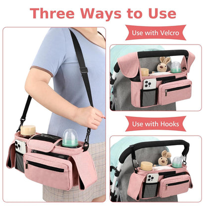 Universal Stroller Organizer with Insulated Cup Holders, Detachable Wristlet & Adjustable Shoulder Strap for Diapers, Bottles & Essentials (Pink)