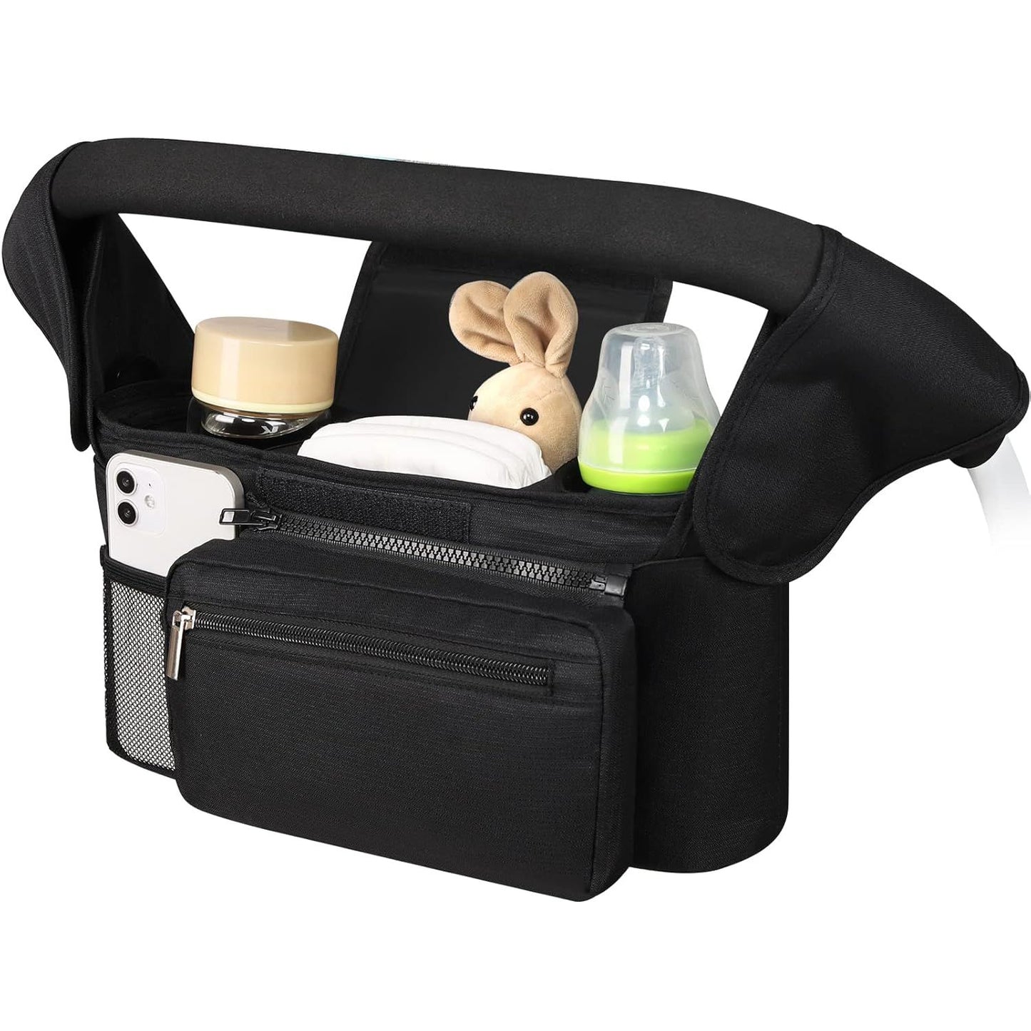 Universal Stroller Organizer with Insulated Cup Holders, Detachable Wristlet & Adjustable Shoulder Strap for Diapers, Bottles & Essentials (Black)
