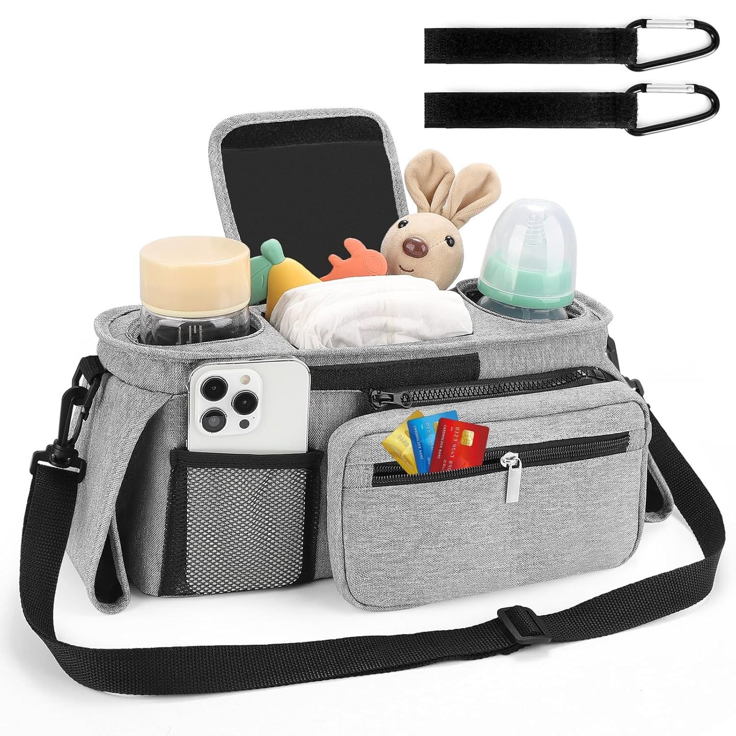 Universal Stroller Organizer with Insulated Cup Holders, Detachable Wristlet & Adjustable Shoulder Strap for Diapers, Bottles & Essentials (Grey)