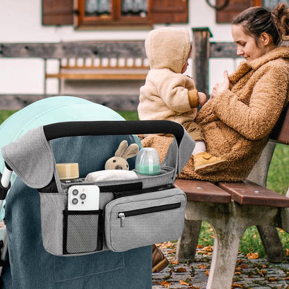 Universal Stroller Organizer with Insulated Cup Holders, Detachable Wristlet & Adjustable Shoulder Strap for Diapers, Bottles & Essentials (Grey)