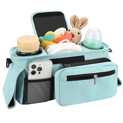 Universal Stroller Organizer with Insulated Cup Holders, Detachable Wristlet & Adjustable Shoulder Strap for Diapers, Bottles & Essentials (Blue)
