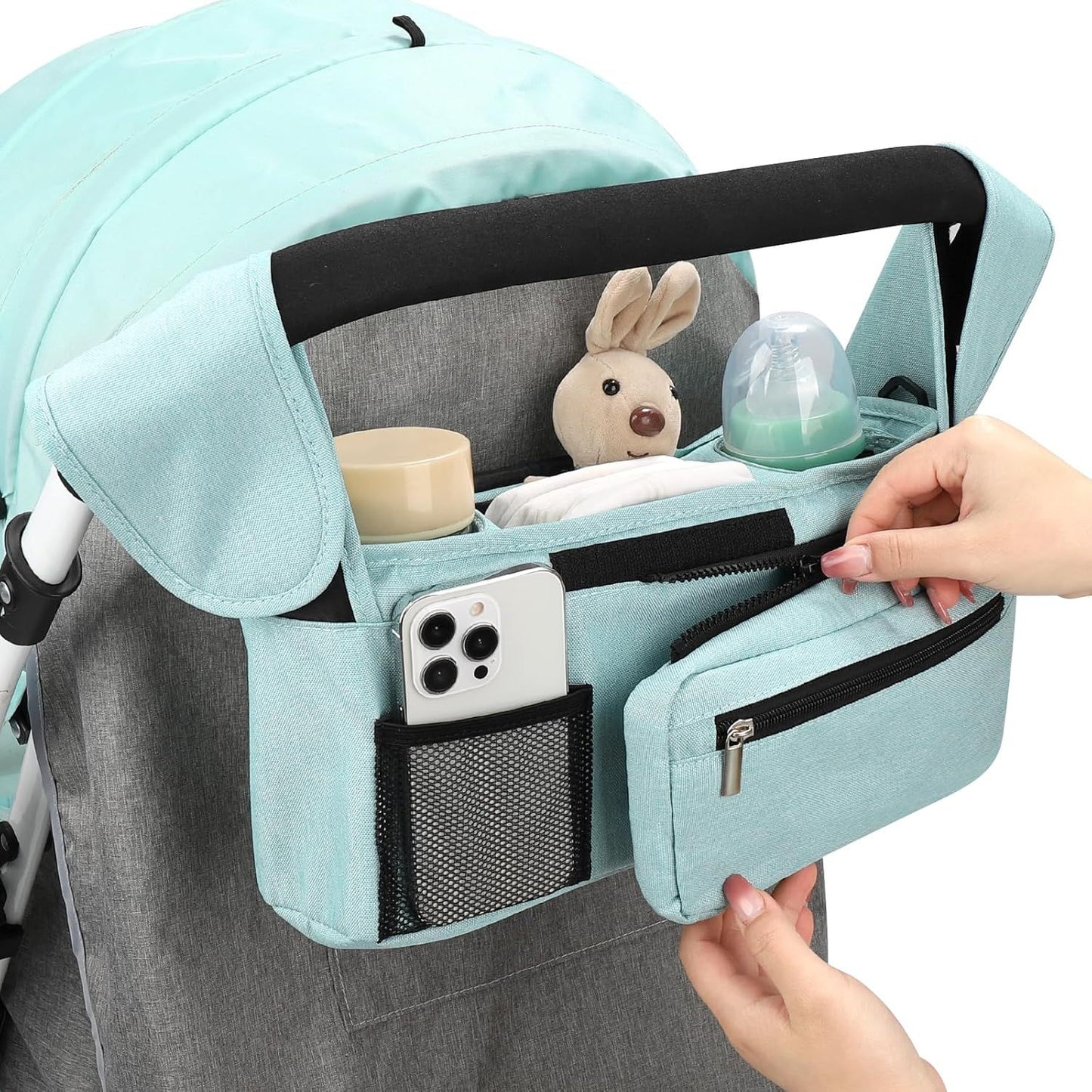 Universal Stroller Organizer with Insulated Cup Holders, Detachable Wristlet & Adjustable Shoulder Strap for Diapers, Bottles & Essentials (Blue)