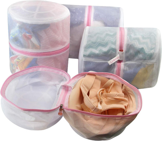 4 Pack Round Mesh Bra Lingerie Wash Bags with Auto-Lock Zipper & Elastic Rack for Delicates, Travel Storage Organizer (Pink)