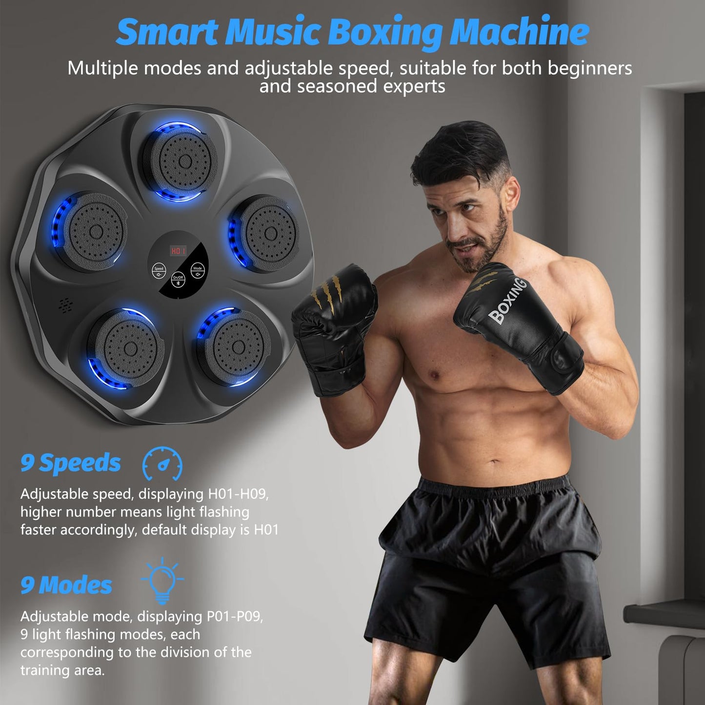 Smart Music Boxing Machine with LED Lights & Bluetooth – Wall-Mounted Interactive Punch Trainer, 9 Modes & 9 Speeds, Includes Gloves for Home Gym Workout (Black)