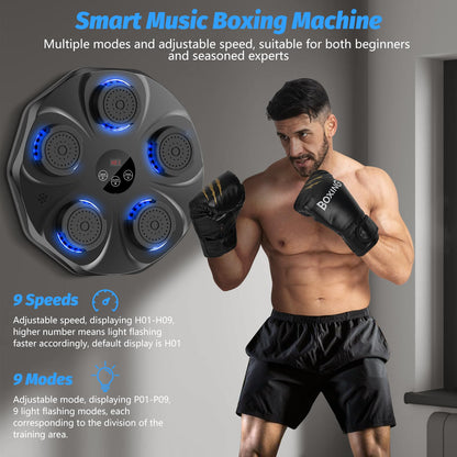 Smart Music Boxing Machine with LED Lights & Bluetooth – Wall-Mounted Interactive Punch Trainer, 9 Modes & 9 Speeds, Includes Gloves for Home Gym Workout (Black)